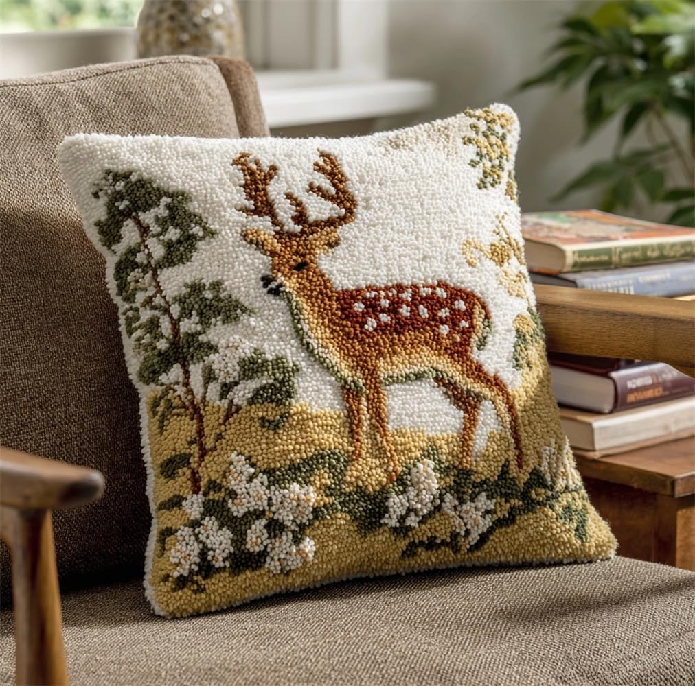 kitphoenix Latch Hook Kits Make Your Own Cushion,White Fallow Deer 17X17Inch Pre-Printed Canvas Crochet Pillow Case Latch Hook Cushion Cover Hobby & Crafts