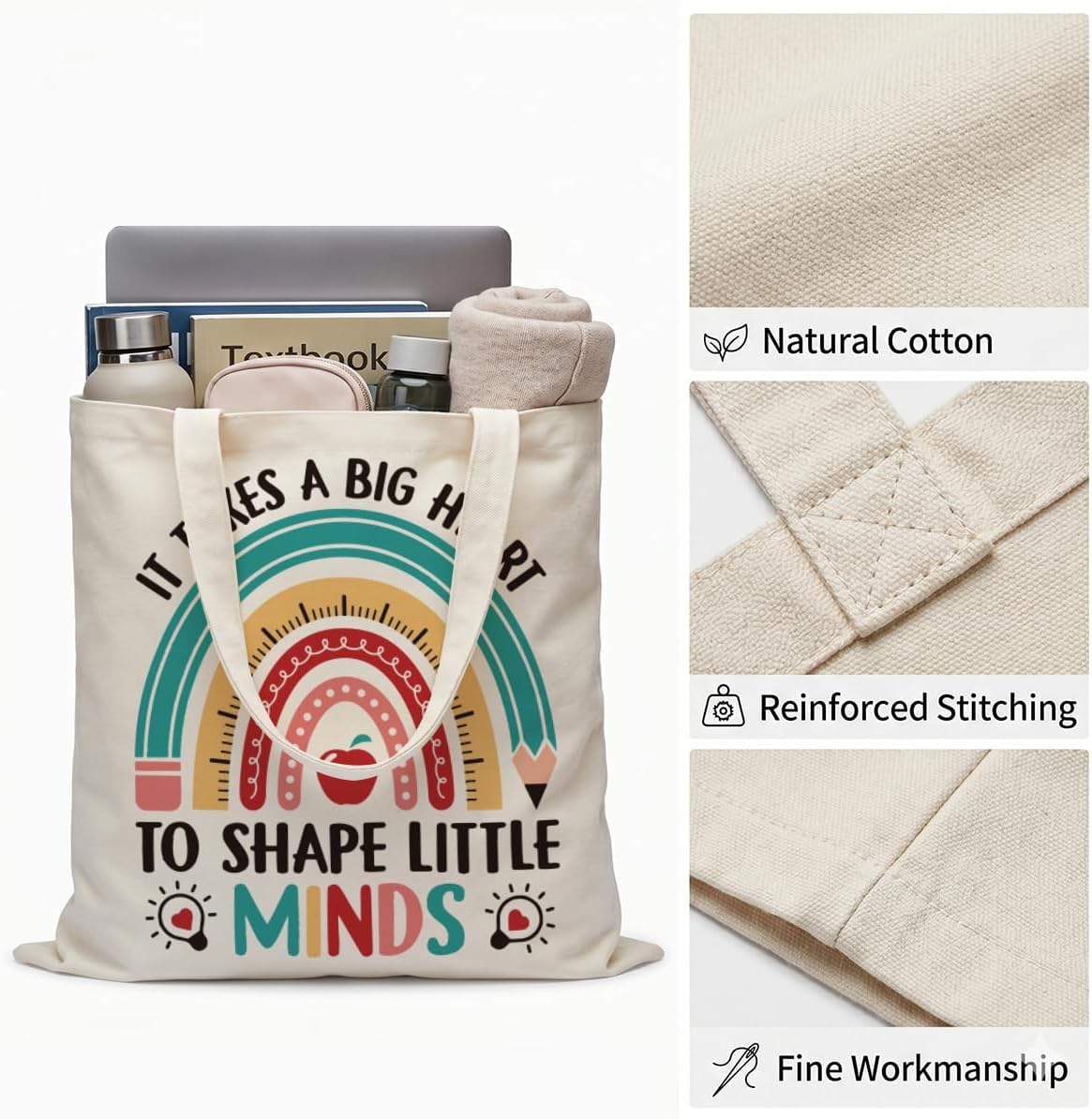 Teacher Appreciation Gifts for Women,Friends,Sister,Preschool Teacher,Cute Thank You Gifts for Christmas,Thanksgiving,Birthday,End of Year,It Takes a Big Heart to Shape Little Minds Reusable Tote Bbag image 5