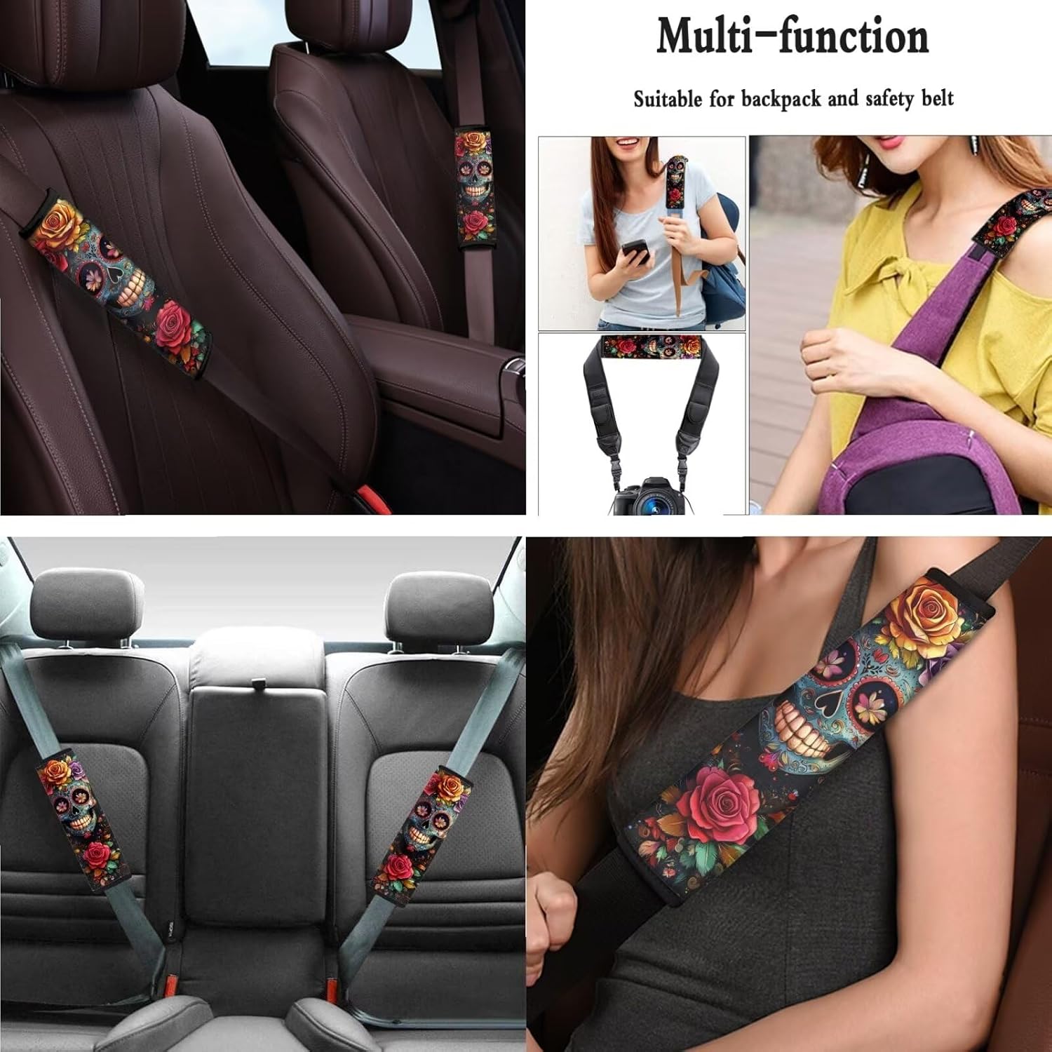 Skull Rose Printed 15 Pcs Full Set Car Accessories, Car Seat Cover Set Steering Wheel Cover Seat Belt Covers Car Headrest Cover Car Coaster Lipstick Holder Keychian