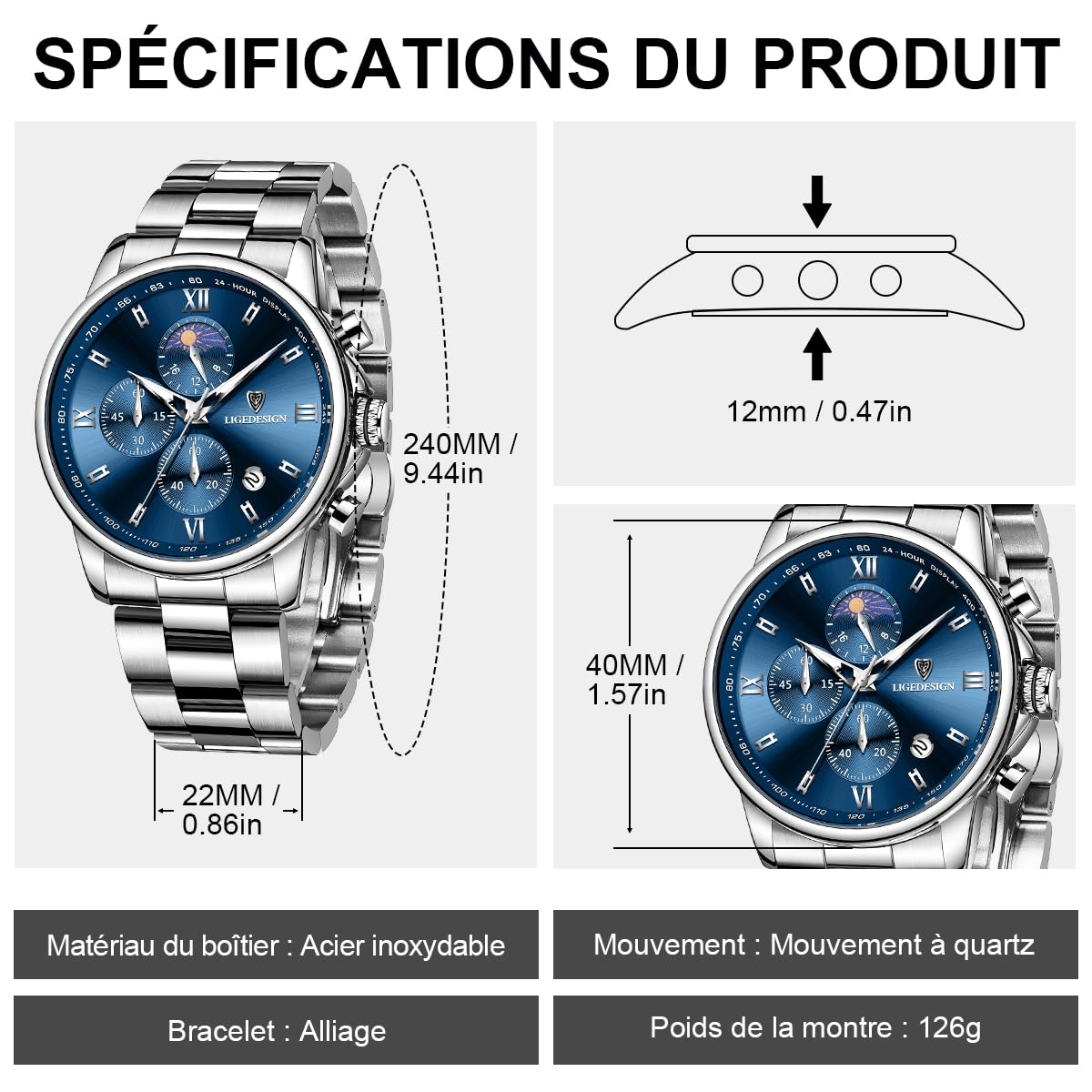 LIGE Montre Homme - Montre Quartz Élégante avec Cadran Bleu Chronographe