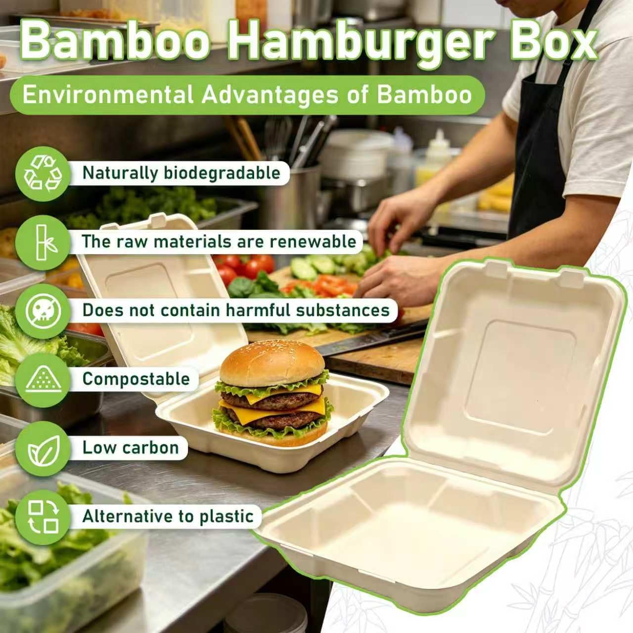 100 Pack 8x8 Compostable Clamshell Takeout Food Containers Sandwich Boxes | Heavy Duty Bamboo To Go Containers with Lids, Biodegradable Food Boxes for Burgers Sandwiches Cake, Microwave Freezer Safe