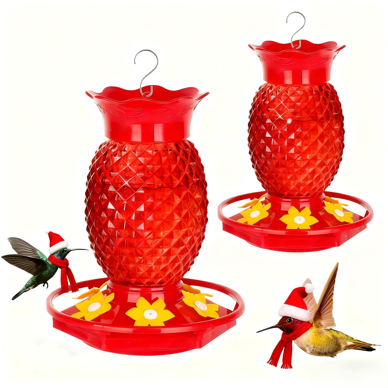 Glass Hummingbird Feeders for Outdoors Hanging Ant and Bee Proof 16OZ 2 Pack Red Pineapple Humming Bird Feeder with 6 Feeding Ports and Ant Moat Hummingbird Gifts for Women Garden Decor 2 16 OZ