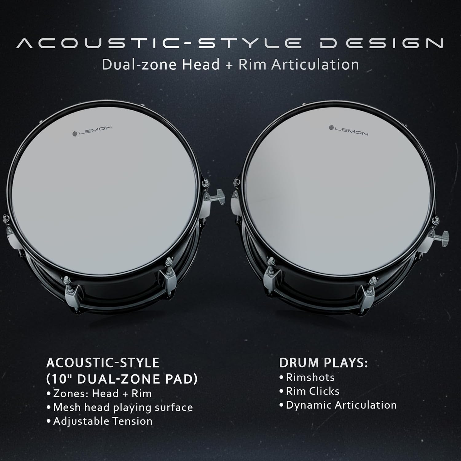Lemon T950 Electronic High Tom - 10"x5" Dual-Zone Mesh Head & Rim Trigger Pad, Acoustic-Style Wood Shell Drum, Adjustable Tension, Works with Most Electronic Drum Modules (TRS), Quiet Practice
