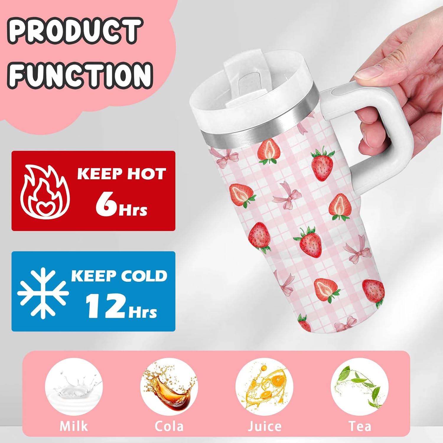 Strawberry Gifts for Girls - 14oz Pink Kids Strawberry Tumbler with Handle and Straw, Stainless Steel Insulated Water Cup, for School, Travel - Strawberries Themed Children Birthday Gift Cup(1pc) - Image 5