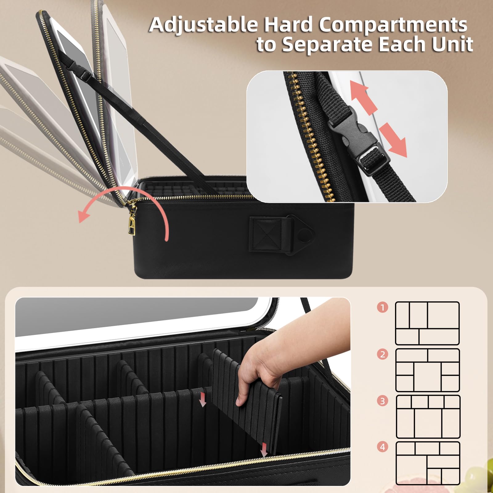 Trousse de Maquillage avec Miroir LED Amovible, Grand 38X28cm Professionnel Sac de cosmétiques de Voyagea de Lumineux, boîtier de Maquillage avec Miroir éclairé, 3 Modes d'éclairage,Cuir PU