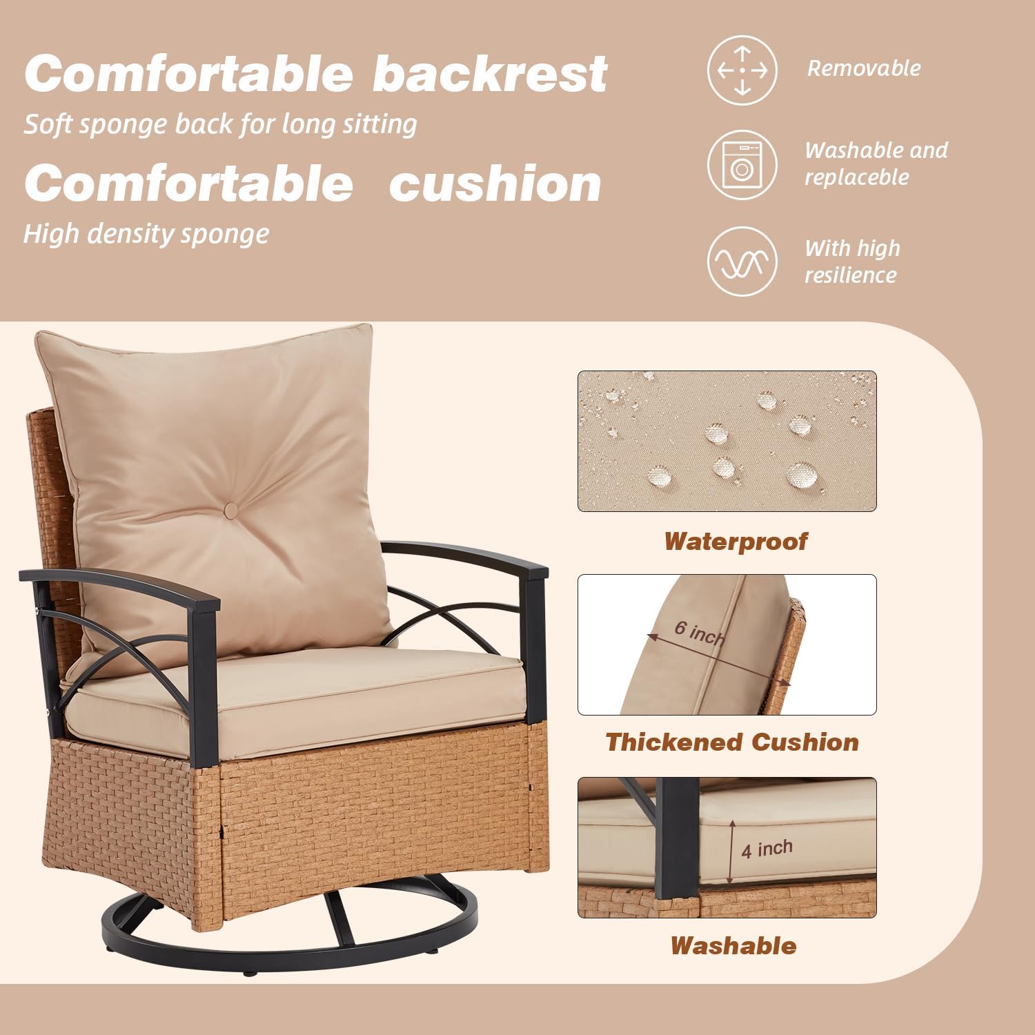 MELLCOM 3 Pieces Patio Furniture Set, Outdoor Swivel Patio Rocker Chairs with Thick Cushions and 2-Tier Coffee Table, Oversize Wicker Bistro Conversation Sets for Garden, Balcony, Backyard, Beige