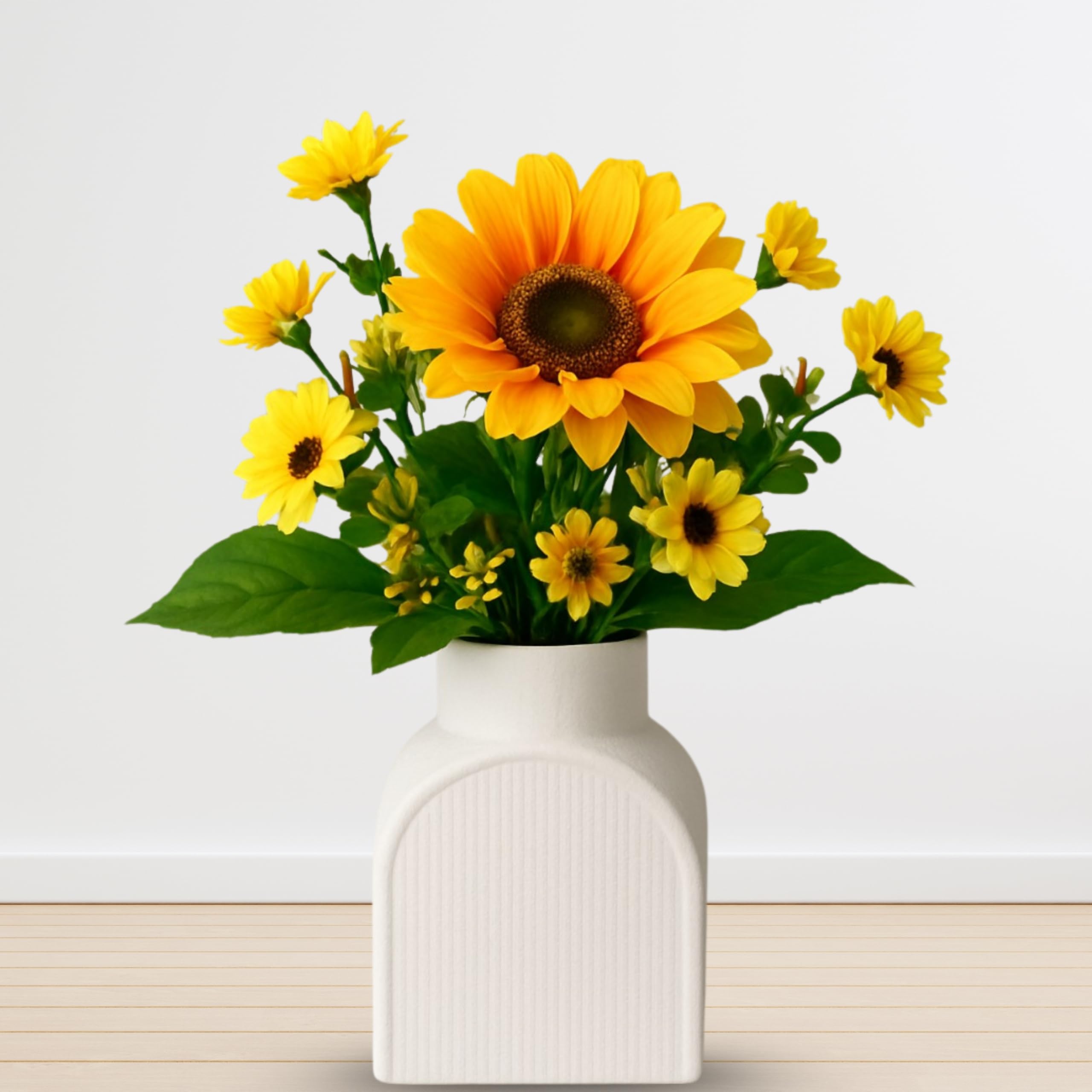 Ceramic Flower Vase with Artificial Sunflower Flowers | Decorative Table Vase for Living Room, Bedroom, Office & Home Decor | White-image-47