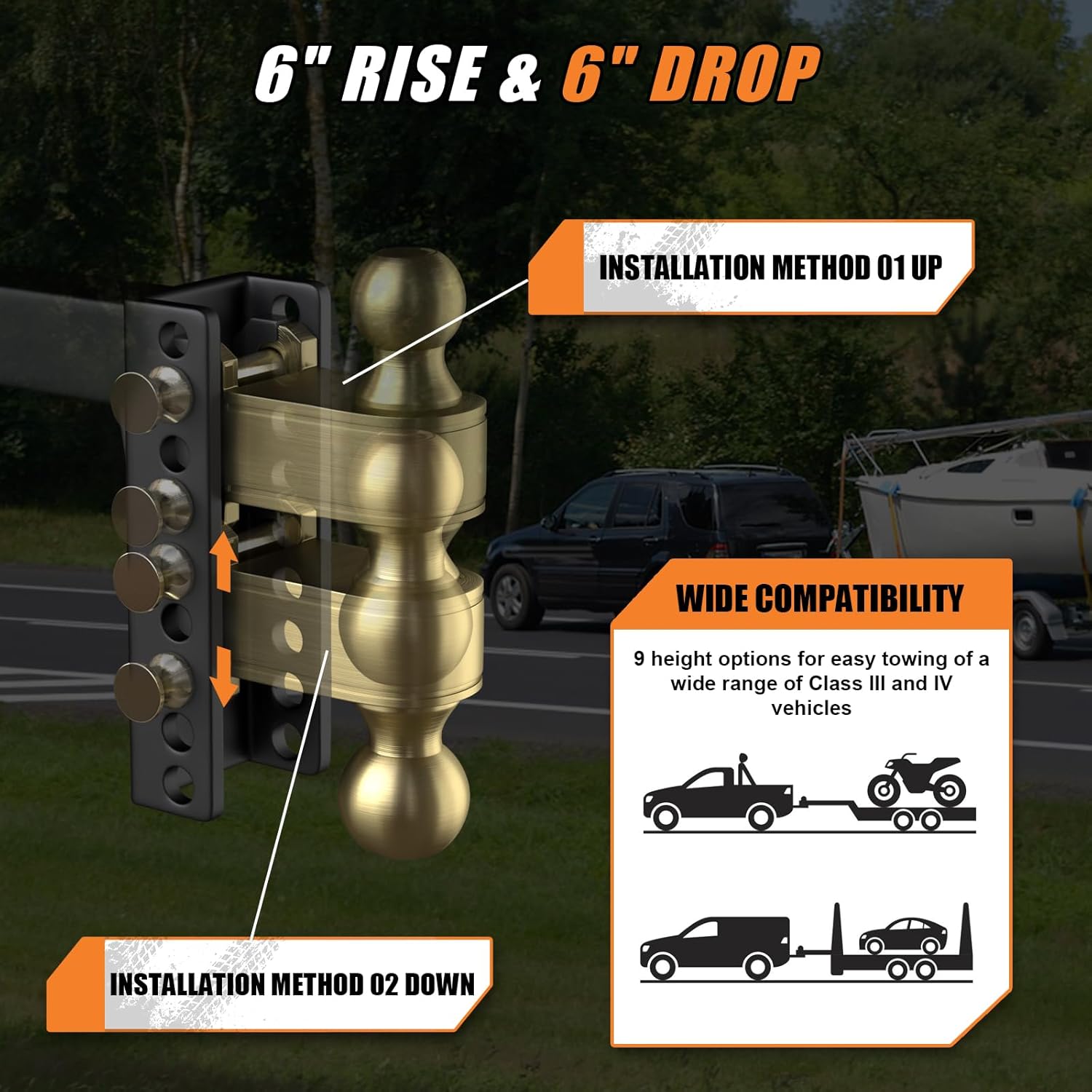 Adjustable Trailer Hitch - Fits 2'' Receiver, 6 Drop/Rise Drop Hitch, 2'' & 2-5/16'' Ball Hitches, Dual Balls 25000 LBS Capacity - Tow Hitch for Heavy Duty Truck with Hitch Tightener (6 Rise & Drop)