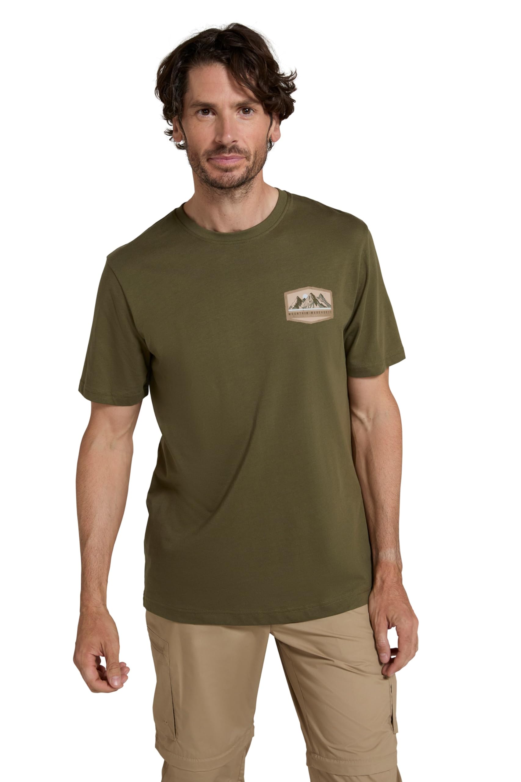 Mountain Warehouse Mountain Badge Mens Cotton Graphic T-Shirt - Lightweight Tee Shirt - Autumn Winter Walking & Outdoors Khaki XXS
