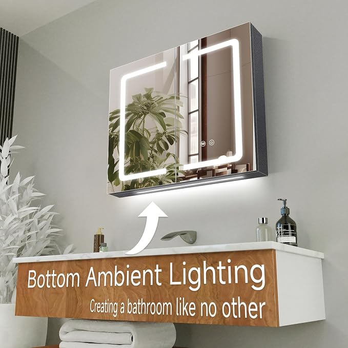 Armarios de medicina para baño con espejo negro, luces LED integradas, estantes ajustables, toma de afeitadora y enchufe, 2 puertas, antivaho, regulable y con función de memoria, 25,5 x 24 pulgadas miniatura 6