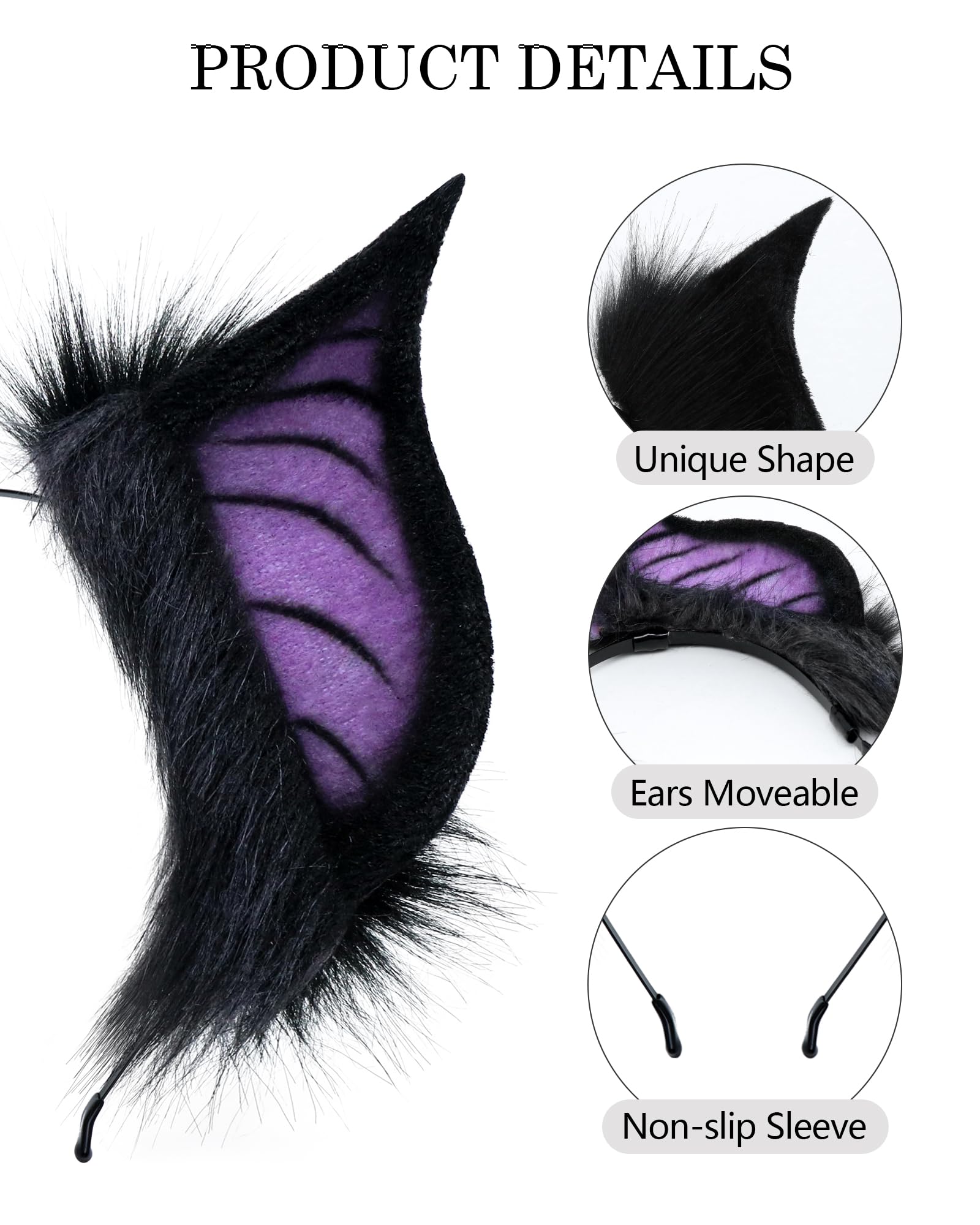 ZFKJERS Handmade Bat Beast Ears Headband Cosplay Costume Accessories for Halloween Anime Con, Stage Performance (Black Purple) - Image 2