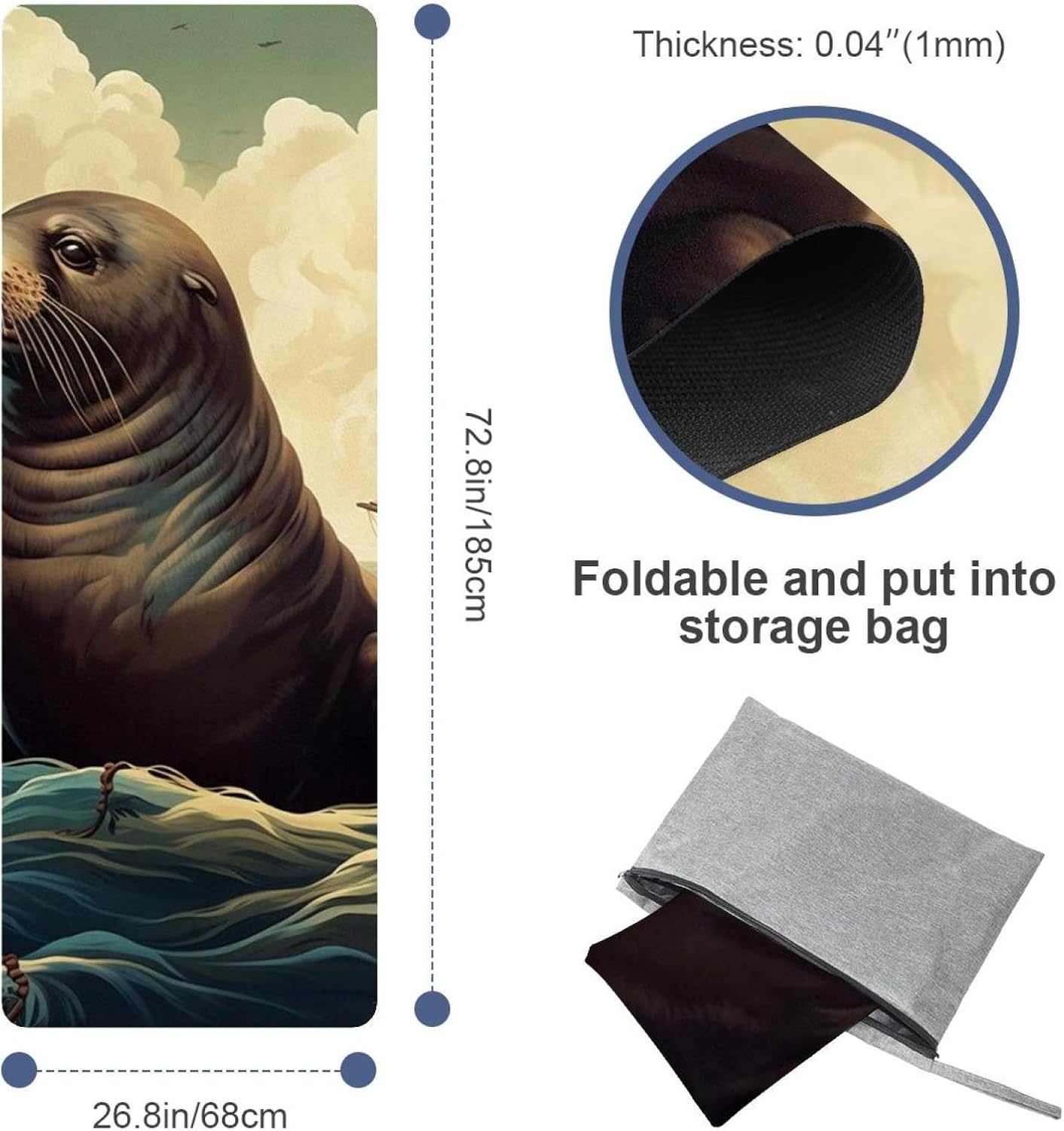 Yoga Towel, Sea Lion Pattern Non Slip Sweat Absorbent Hot Yoga Mat Towel for Hot Yoga, Pilates and Fitness - 72.8" x 26.8"