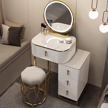 Small vanity, dressing table with mirror and light, LED intelligent touch light, drawer, cushioned stool, modern dressing table for bedroom, c