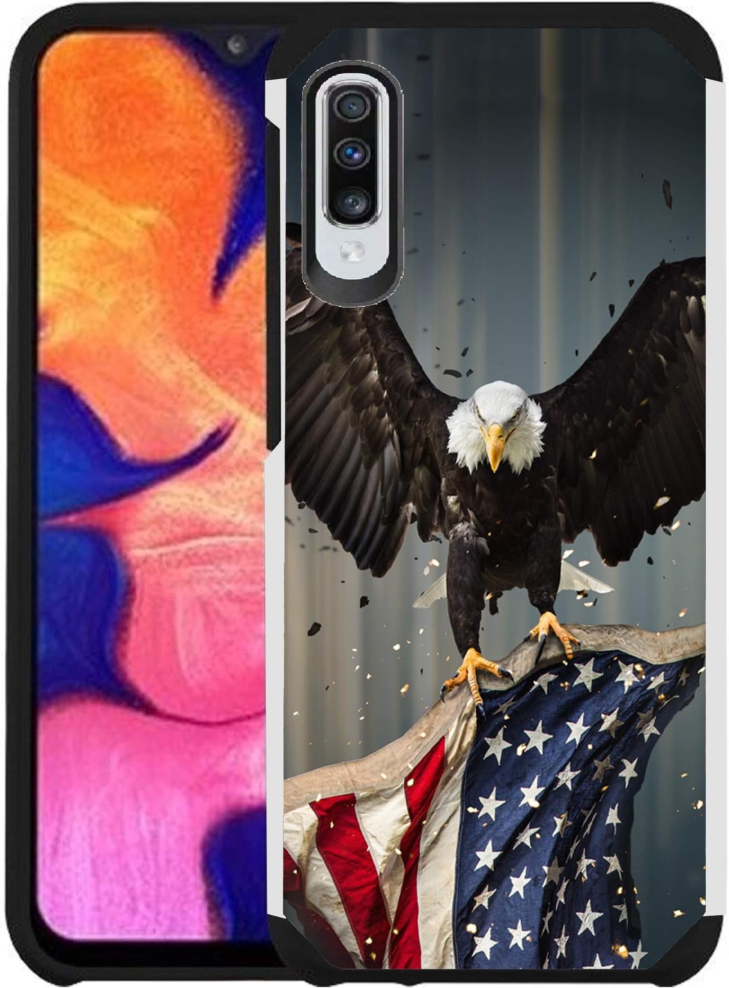 Galaxy A70 Case, Dual Layer Shock Proof Bumper Protective Phone Cover - American Bald Eagle Flying with Flag