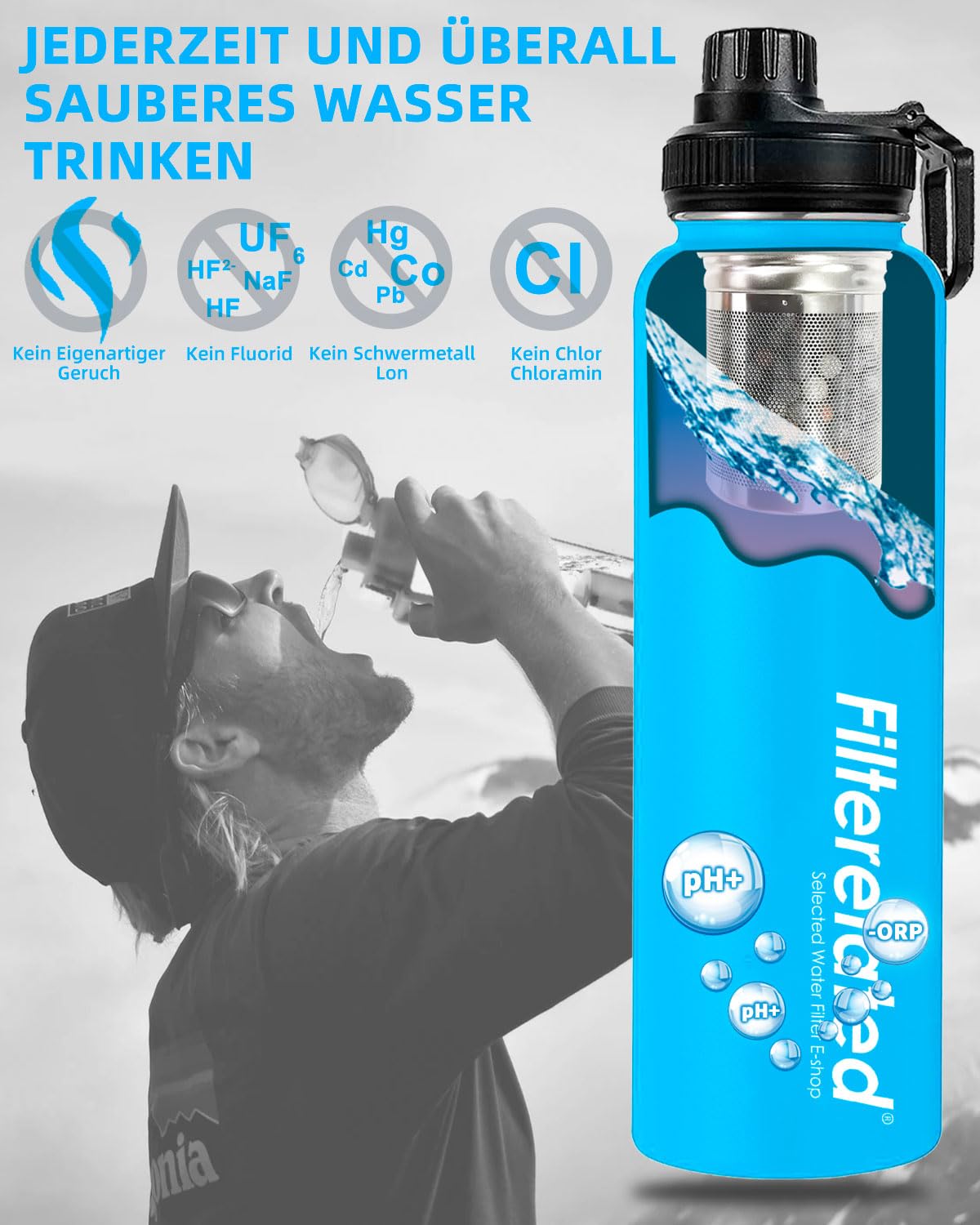 Borraccia alcalina in acciaio inox idrogeno, blu, 800 ml