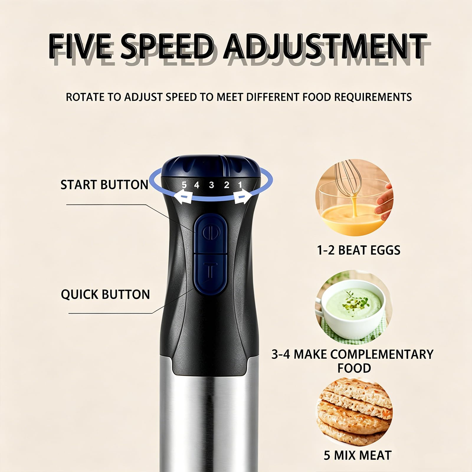 Ręczny blender zanurzeniowy 4 w 1, 1000W, wielobiegowy, funkcja Turbo, mikser ręczny z trzepaczką, siekaczem i miarką do domowych zup, shake'ów i deserów