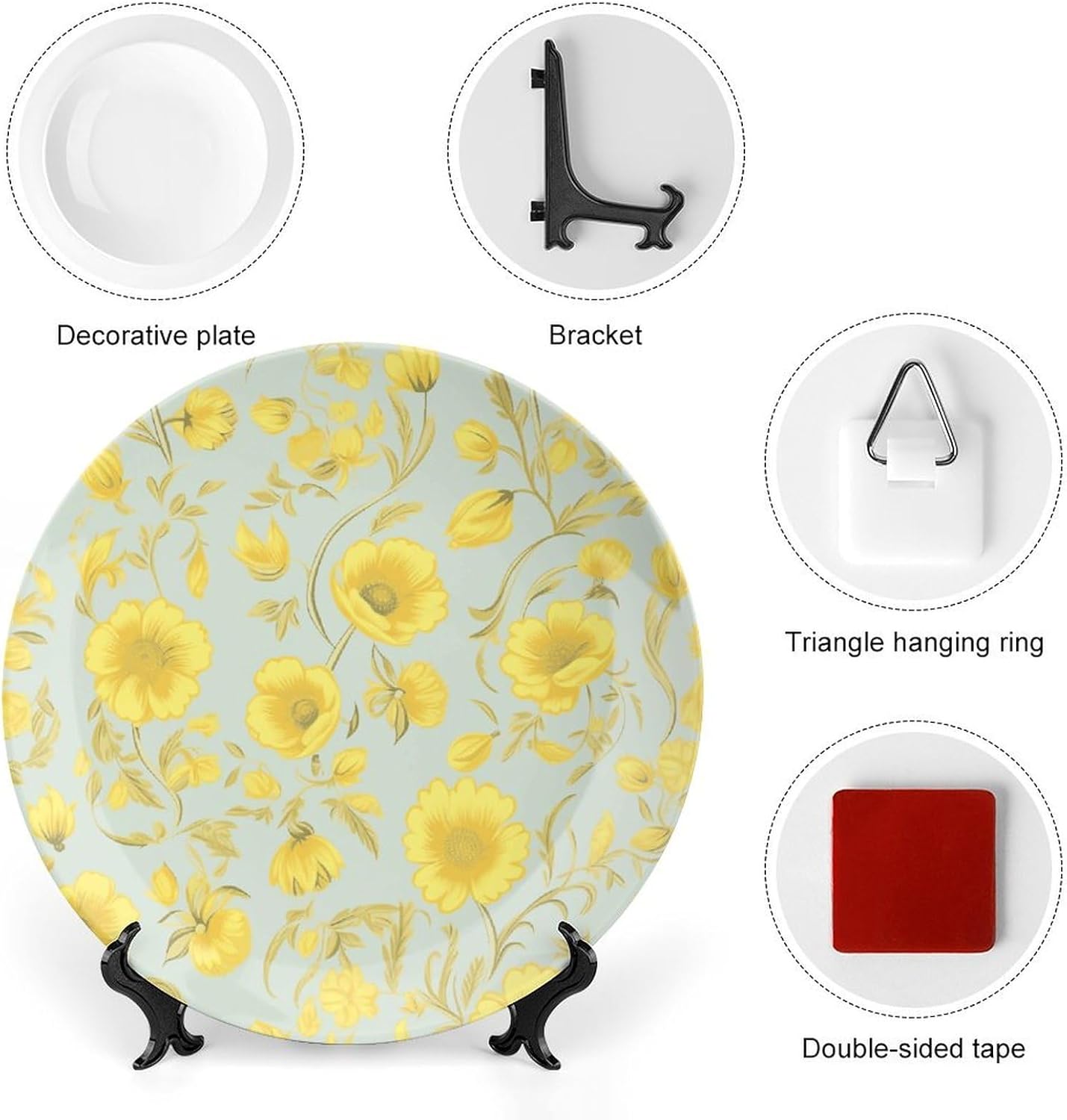 Yellow Flower Ceramic Plate 10inch Decorative Bone China Wall Hanging Ornament Plates Bohemian Style Dinner Plate with Display Stand Cabinet Display Plates for Home Art Decor