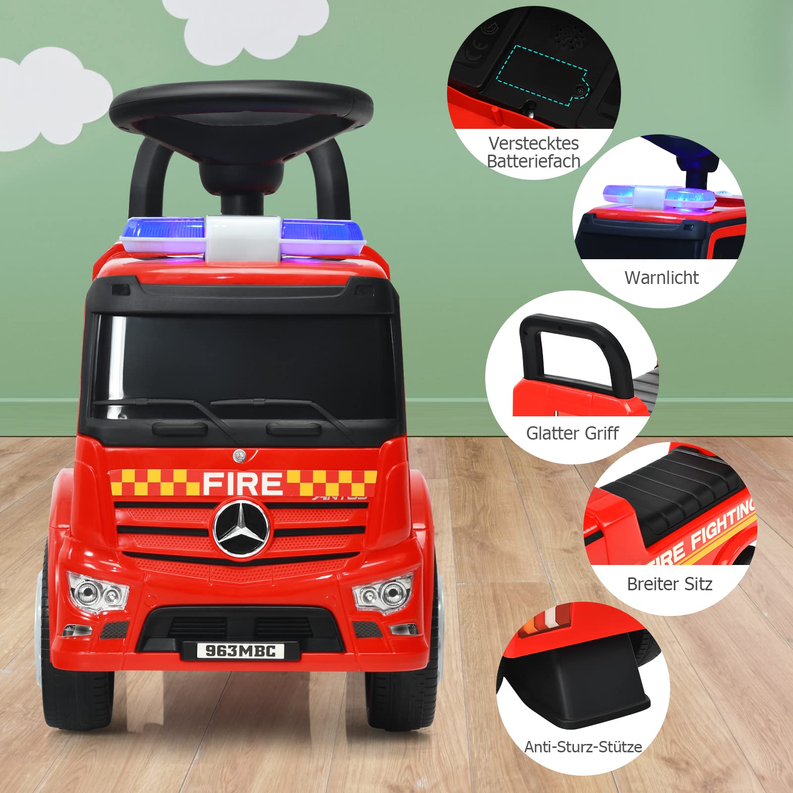 DREAMADE Rutschauto mit Lichter, Musik und Sirene, Rutscher für Kinder 18-36 Monate, Rutscherfahrzeug mit Kippkübel & Abnehmbarer Schaufel (Feuerwehrwagen)