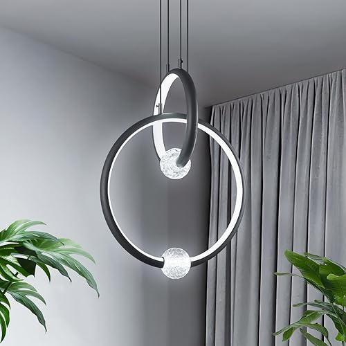 Miniatura 3 de Lámpara de araña moderna, lámpara colgante LED regulable de 2 anillos de 6000 K, altura ajustable, luz colgante de techo, luces colgantes negras,