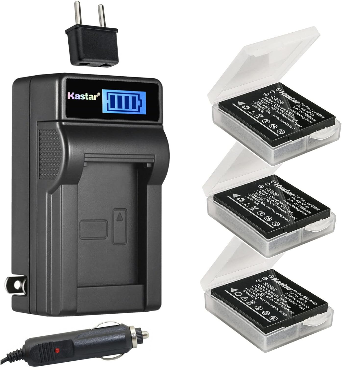 Kastar 4Pack CGA-S005 Battery and LCD AC Charger Compatible with Panasonic Lumix DMC- FX100, Lumix DMC- FX12, Lumix DMC- FX150, Lumix DMC- FX180, Lumix DMC- FX3, Lumix DMC- FX50, Lumix DMC- FX8 Camera