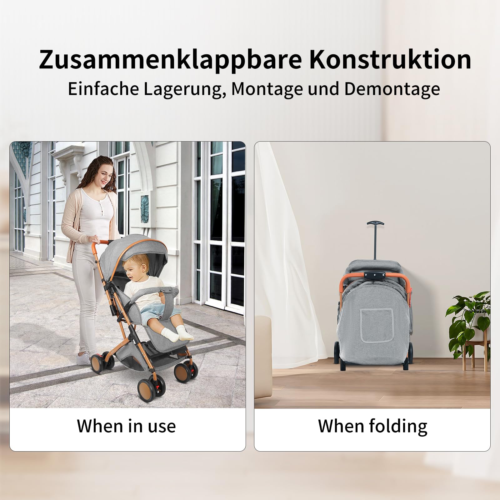 Homewell Lekki jak piórko wózek podróżny, wózek dziecięcy, funkcja leżenia, płaska pozycja leżąca, kompaktowy wózek wraz z moskitierami i matami, 98 x 71 x 45 cm (szary)