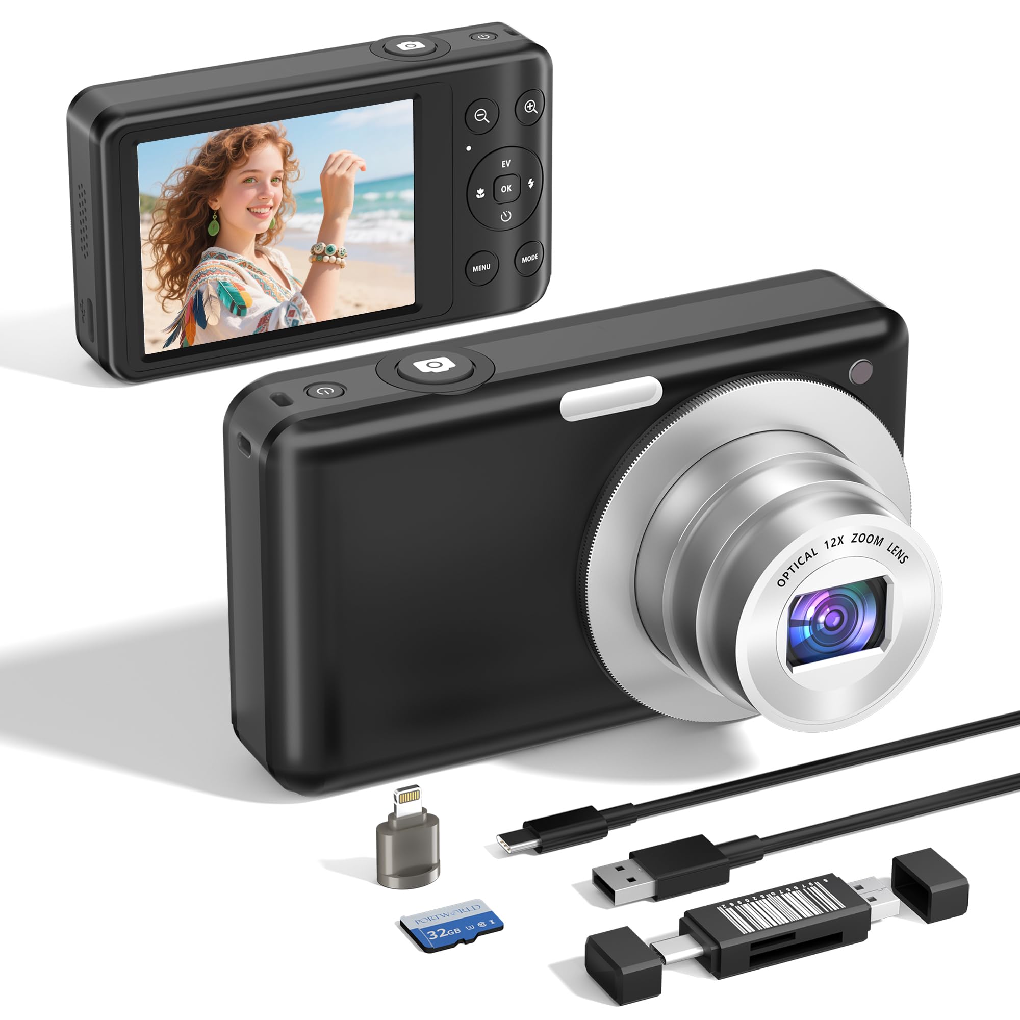 Fotocamera digitale 4K 64MP: zoom ottico 12X fotocamera digitale compatta portatile con autofocus, anti-shake e scheda tascabile da 64 GB per vlogging viaggi per adulti adolescenti studenti