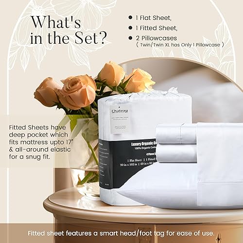 Miniatura 5 de Sábanas 100% de algodón orgánico, 4 piezas, lujosas sábanas de algodón de fibra larga, tejido satinado, sábanas transpirables para cama de tamaño