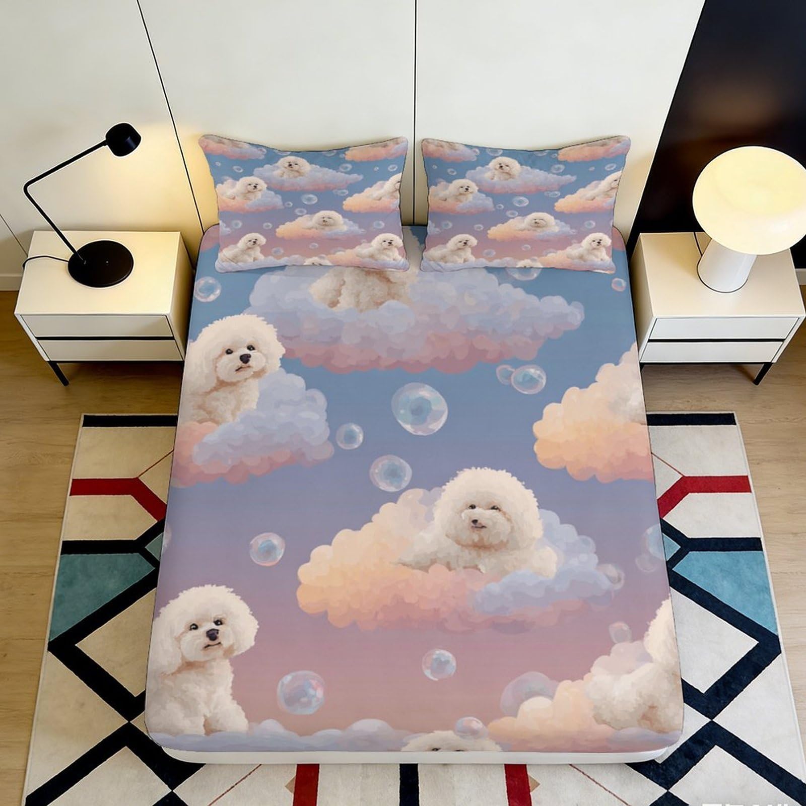 3D Printed Cloud Puppy Fitted Sheet Microfiber Soft Durable Bubble Bed Cover for Bedroom Dormitory Guest Room Mattress Protection Home Decor 160x200x25cm