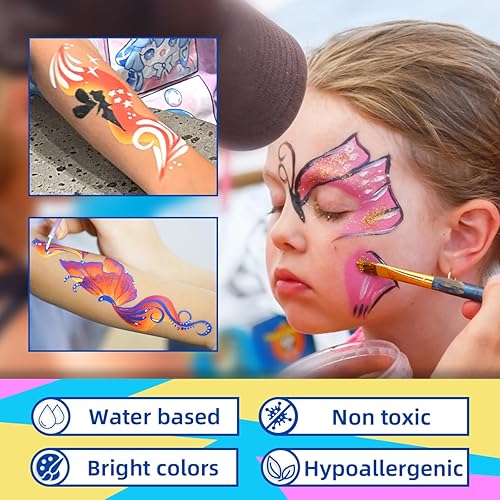 Miniatura 3 de Kit de pintura facial de 8.47 oz de tortas divididas arco iris, paleta de pintura facial profesional para niños y adultos con purpurina, plantillas,