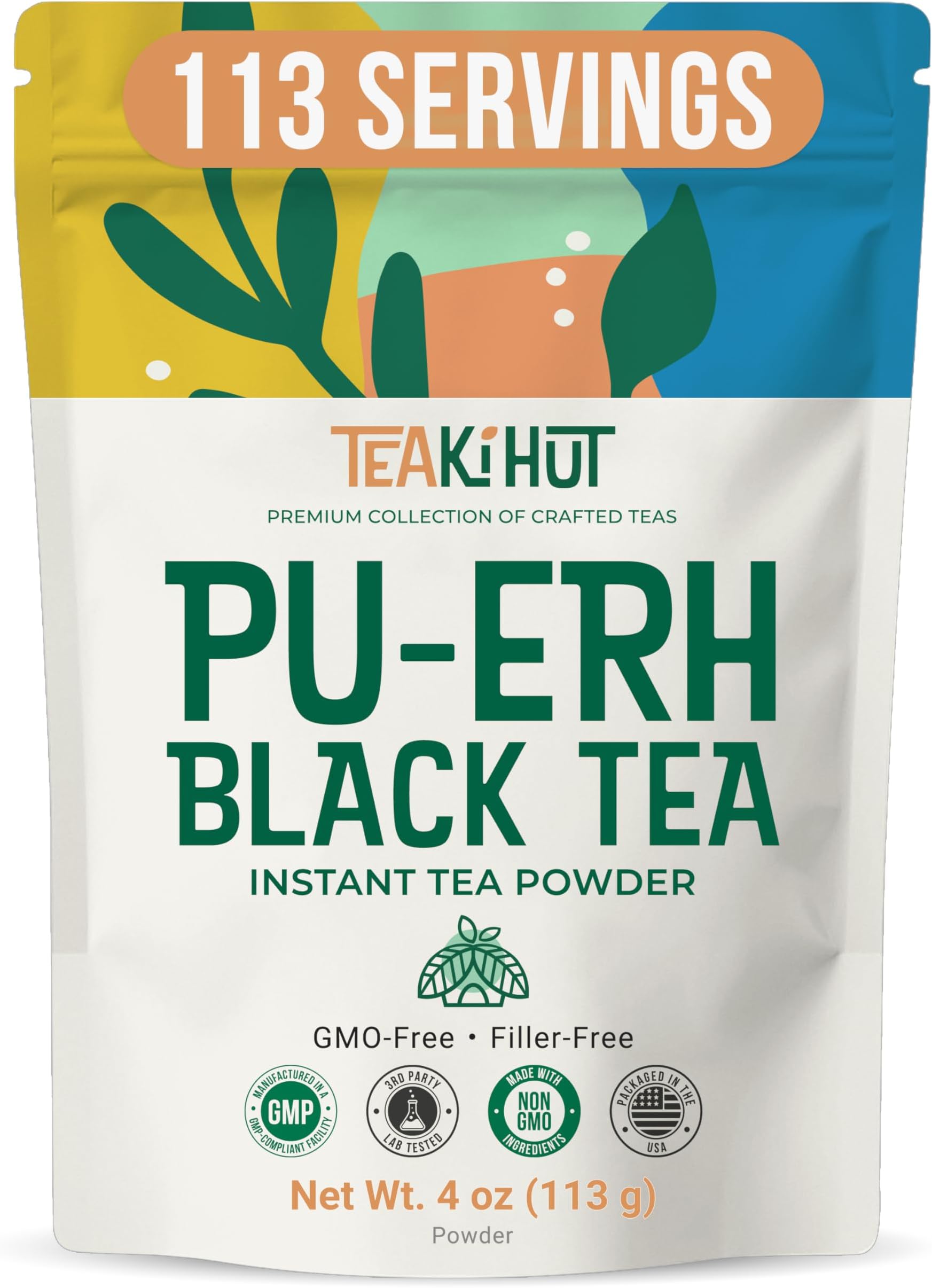 TEAki Hut Instant Pu-erh Tea Powder 4 oz, Low-Carb, Low-Calorie Powdered Pu'erh Tea for Hot & Cold Tea Beverages, Refreshing Instant Tea Powder for Lattes, Smoothies, Cocktails & Baked Goods