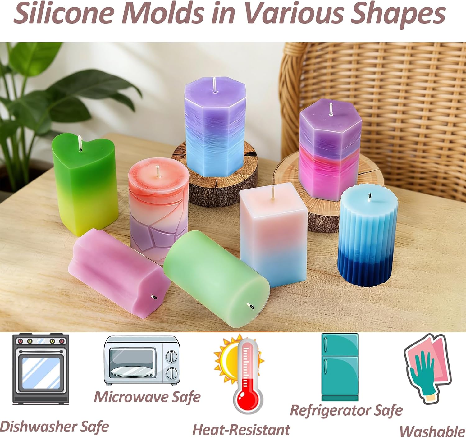 8PCS Silicone Candle Molds Set – Heart, Flower, Cylinder, Hexagon, Square, Octagon – Easy Release, Reusable Candle Making Kit for DIY Soap, Resin, Wax – Home Decor & Holiday Gifts