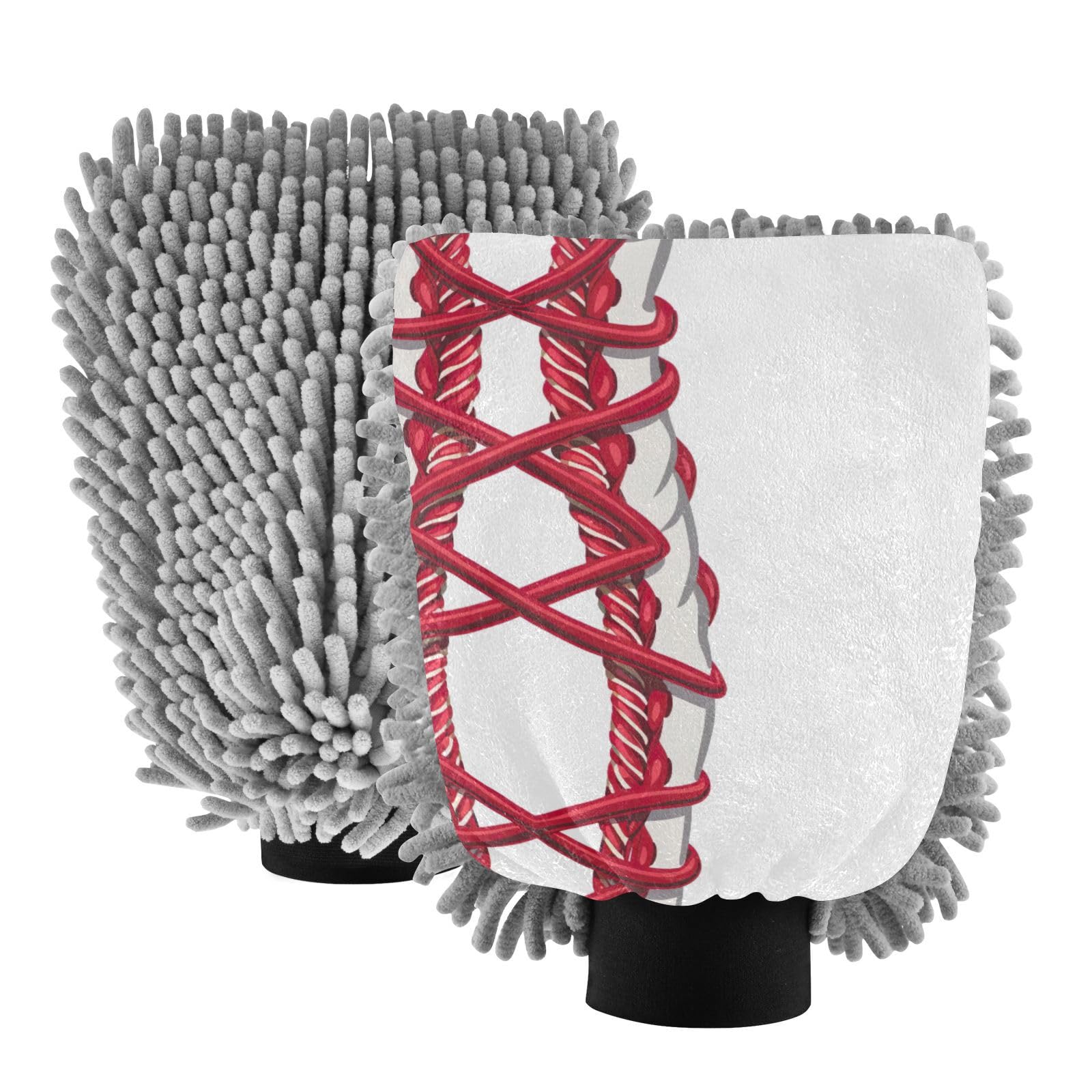 Kigai Baseball Stripes Car Wash Mitt Microfiber, 2Pcs Scratch Free Lint-Free, Premium Chenille Microfiber Mitt Car Wash Brush-M