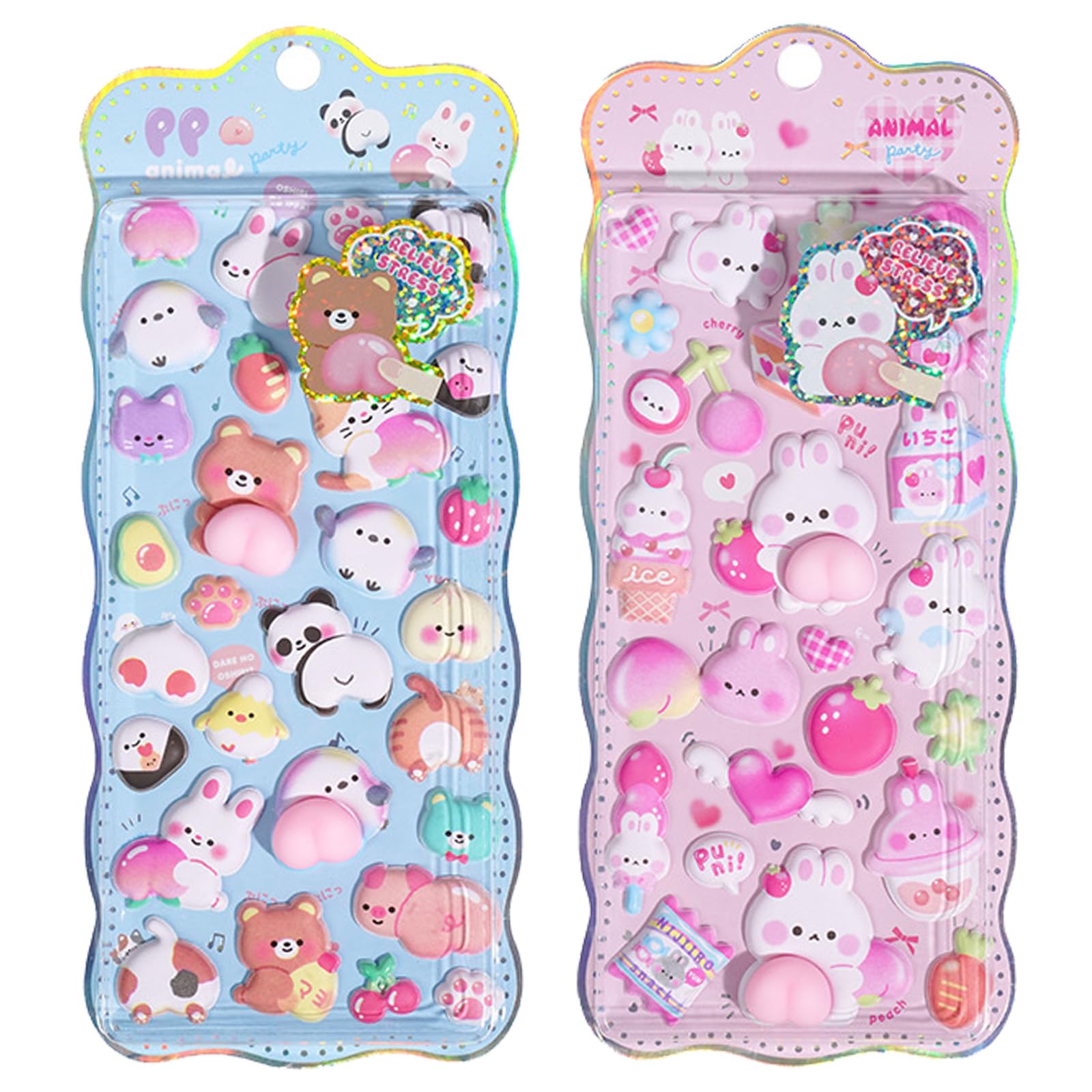 【2枚セット】おしりぷにぷにシール 3Dシール ぷくぷく かわいい ふわふわ もちもち スマホケース飾り 手帳用 DIY用 可愛い スマホケース/アルバム飾り用 (うさぎ+動物)