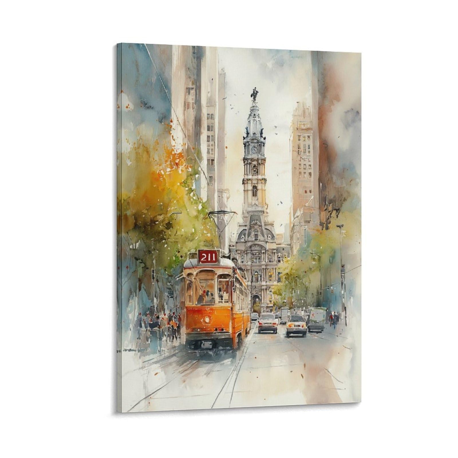 XWYMXZ Philadelphia Watercolor Trolley Car 20x30inch(50x75cm) Vintage Travel Poster Watercolor Canvas Art