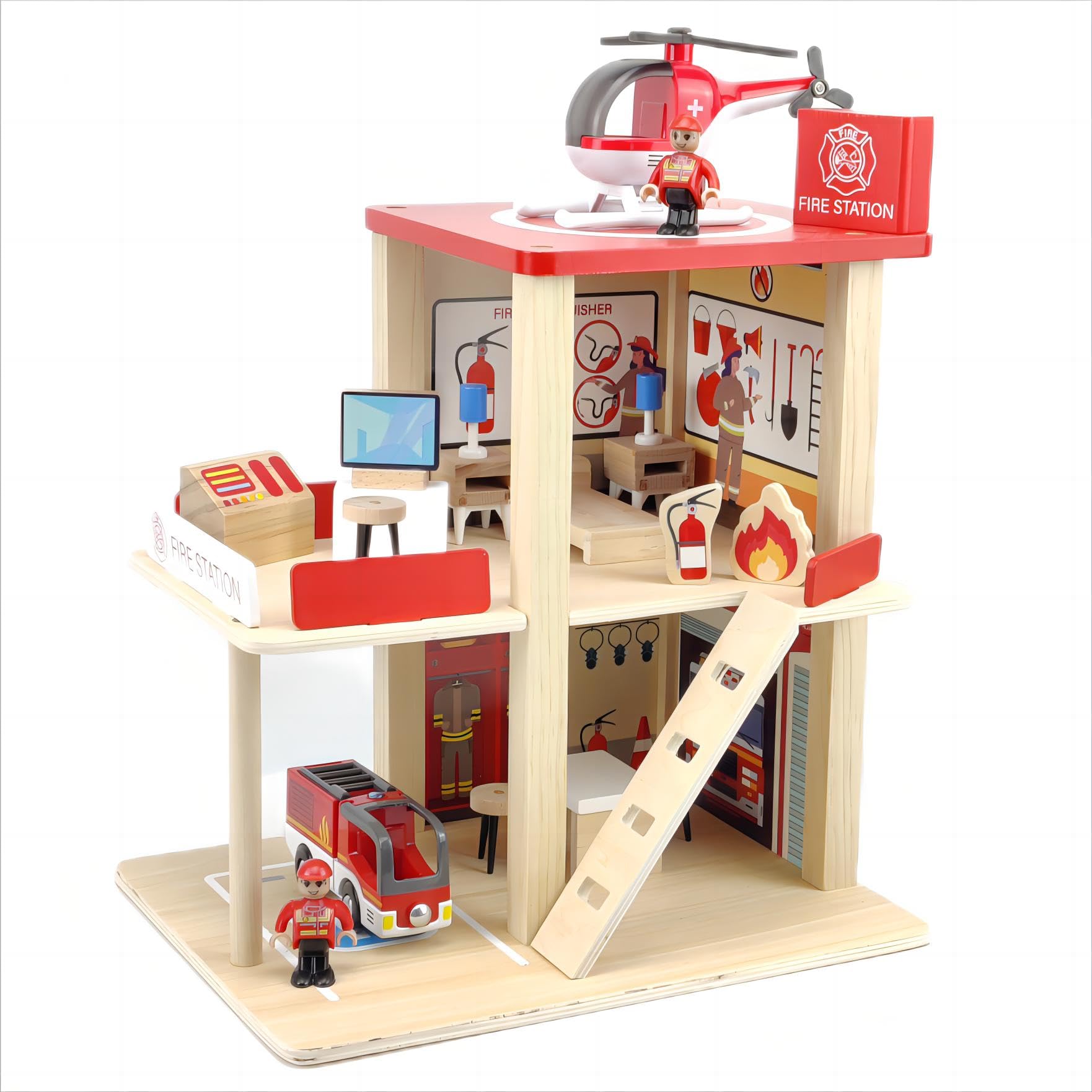 Wooden Fire Station Playset, Pretend Play Dollhouse with Fire Truck, Helicopter, Firefighters & Accessories, Preschool Learning Role Play Educational Toys for Toddlers Kids Age 3 and up