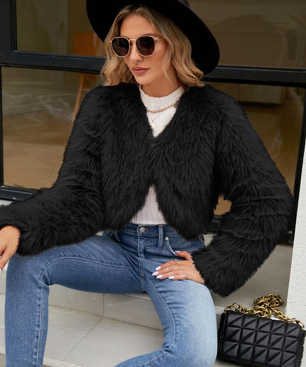 SCOFEEL Women’s Cropped Faux Fur Coat Long Sleeve Open Front Short Jacket Winter Spring Warm Outwear - Image 6