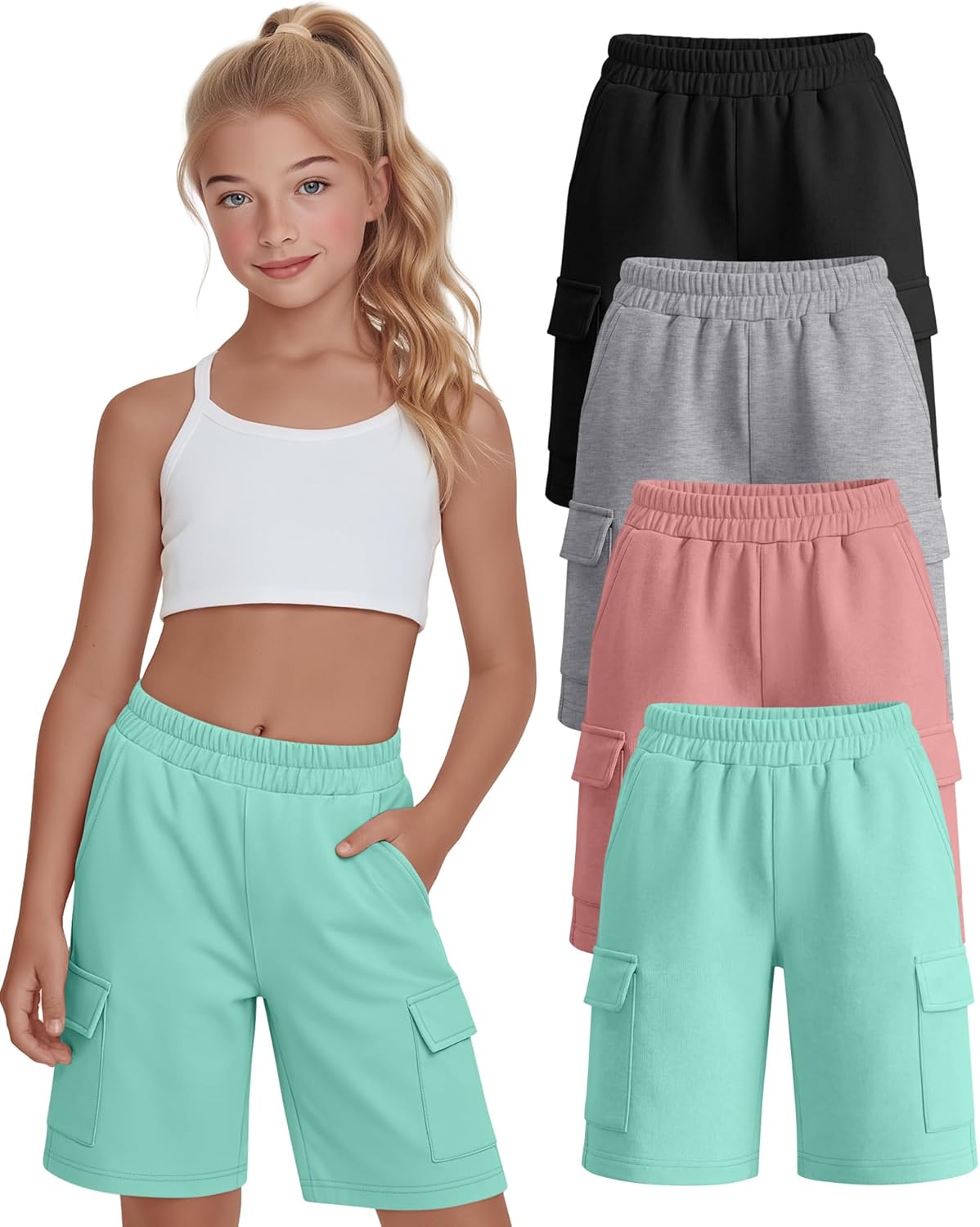 4 Pack Girls Cargo Bermuda Shorts Kids Summer Straight Leg Knee Length Shorts Teen Casual SweatShorts with Pocket