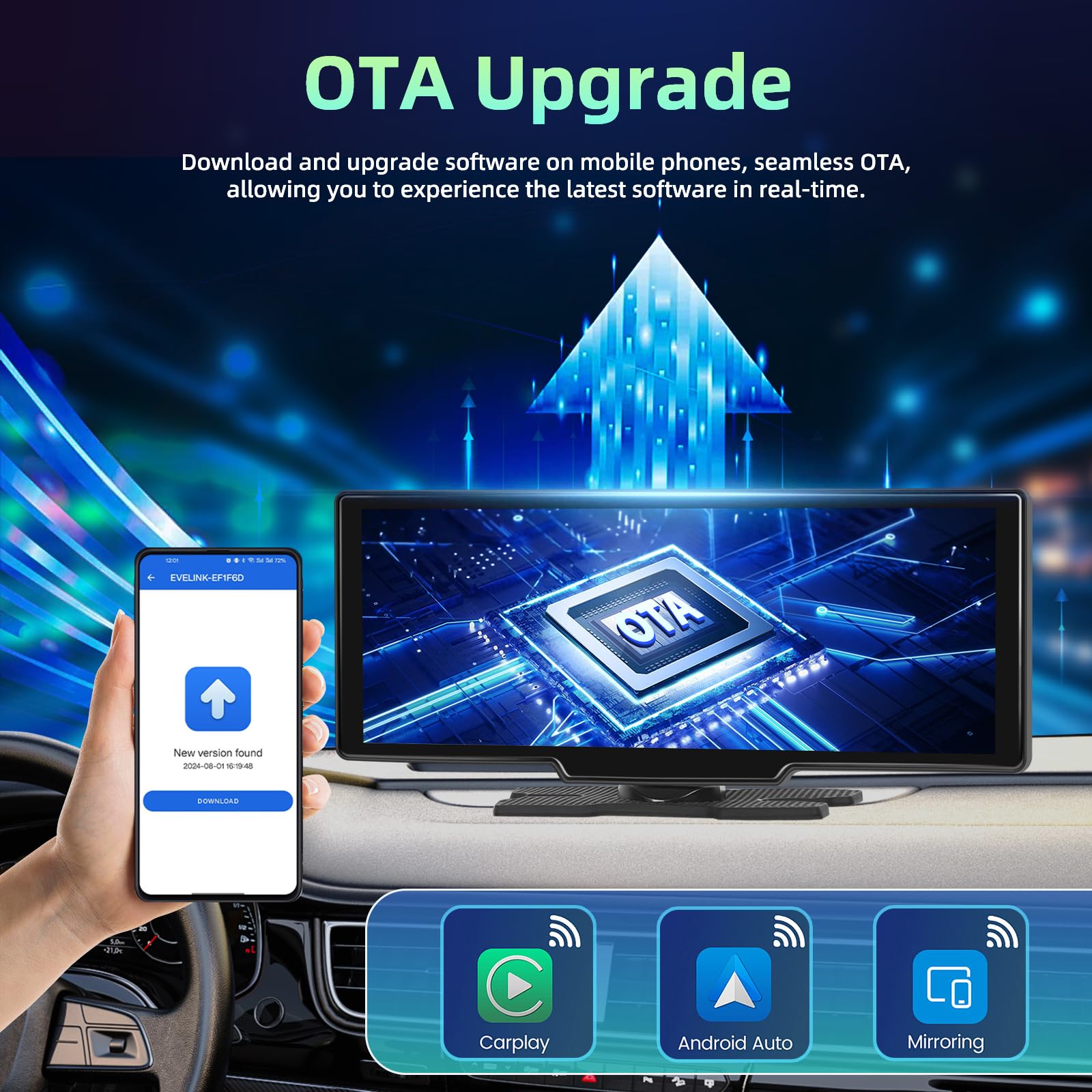 Écran CarPlay Voiture sans Fil Android Auto, Écran Tactile de 10,26 Pouces Voiture Stéréo, Autoradio Portable avec Navigation GPS Bluetooth Contrôle Vocal Mirror Link AUX/FM CarPlay Voiture