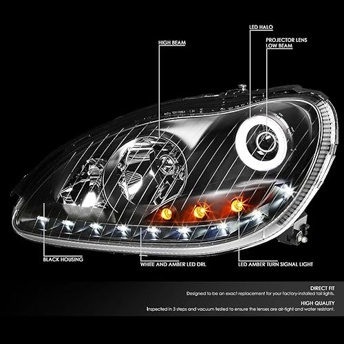 Miniatura 2 de DNA MOTORING HL-HPL-LED-W22000-BK - Faros delanteros de proyector negros con tira de halo LED de repuesto para W220 S-Class