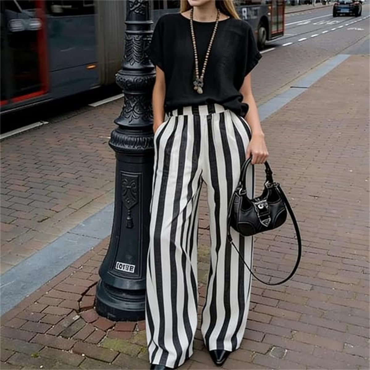 Cozy Loose-fit Striped Cotton-linen Two-piece Set, Casual Shirt & Classic Striped Wide Leg Pants Outfit