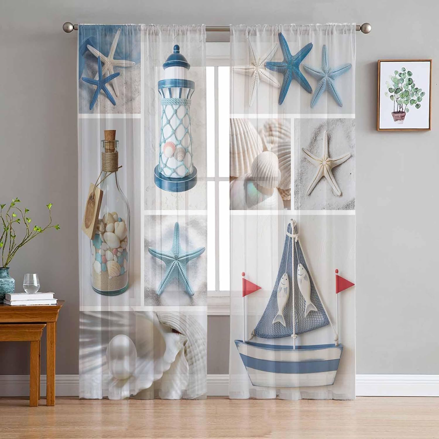 Beach Starfish Sheer Curtains 52''W x 72''L x 2 Panels Set, Nautical Coastal Bedroom Curtain Drapes, Tropical Ocean Seashell Semi Sheers Cafe Rod Pocket Voile Window Treatment