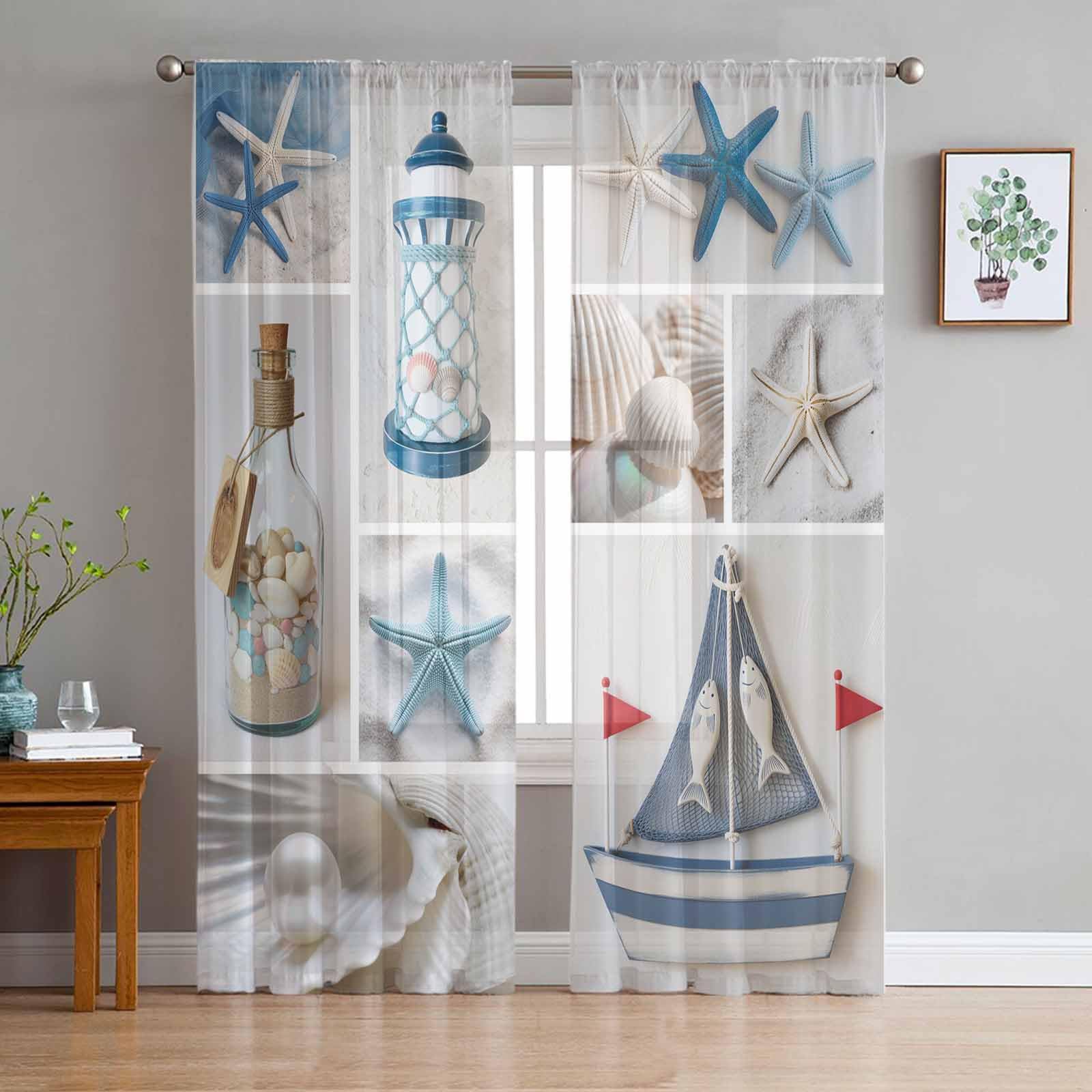 Wowouhiya Beach Starfish Sheer Curtains 52''W x 84''L x 2 Panels Set, Nautical Coastal Bedroom Curtain Drapes, Tropical Ocean Seashell Semi Sheers Rod