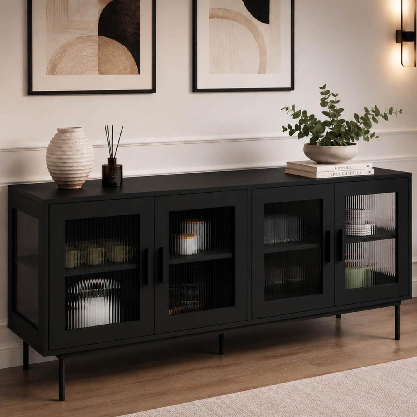 IDMarket - Buffet 140 cm ZINEB 4 Portes vitrées façade cannelée Noir
