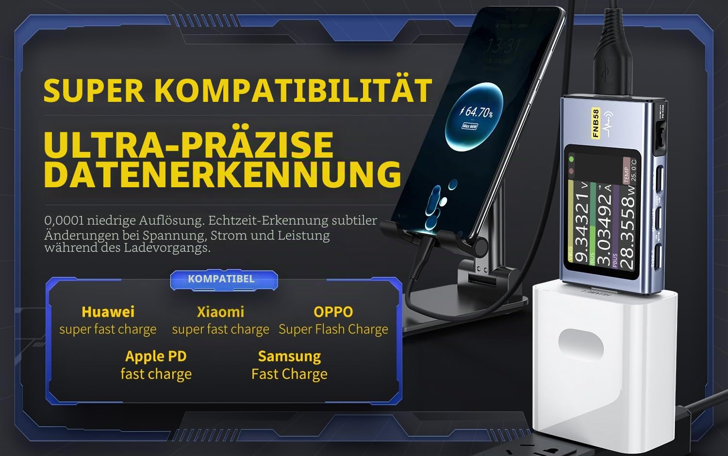 Fnirsi USB-Tester, Lasterkennung, Digitales Voltmeter, Amperemeter, USB, Testen von Type-C, Schnellladeerkennung, Trigger- und Kapazitätsmessung (FNB58 mit Bluetooth)