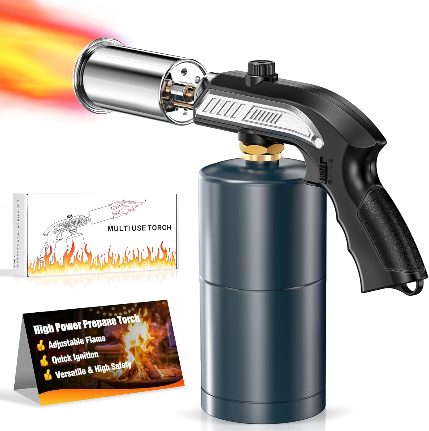 Powerful Grill & Cooking Propane Torch With a Safety Lock, Sous Vide, Welding Torch, Adjustable Wood Torch Burner for Searing Steak, BBQ, Campfire Starter,Black & Silve(Tank Not Included)