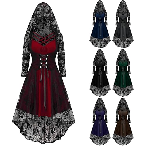 Womens Halloween Dresses with Lace Cloak Vintage Gothic Medieval Dress Front Lace Up Renaissance Dress