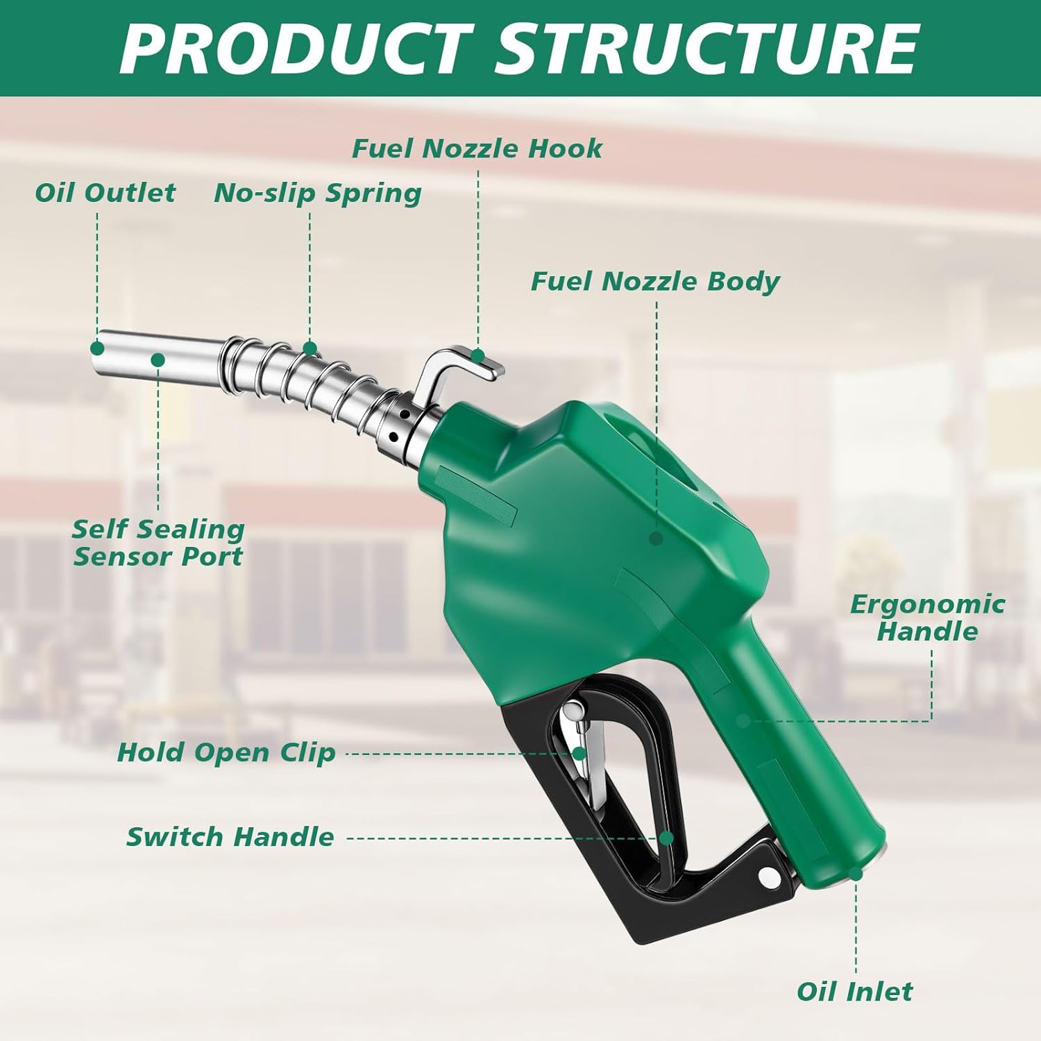 3 Pcs 3/4" NPT Automatic Shut off Fuel Nozzle Diesel Pump Nozzle Diesel Gas Pump Handle with 3-Speed Padlock, 16 GPM for Automotive Fueling Biodiesel Gasoline Kerosene(Green)