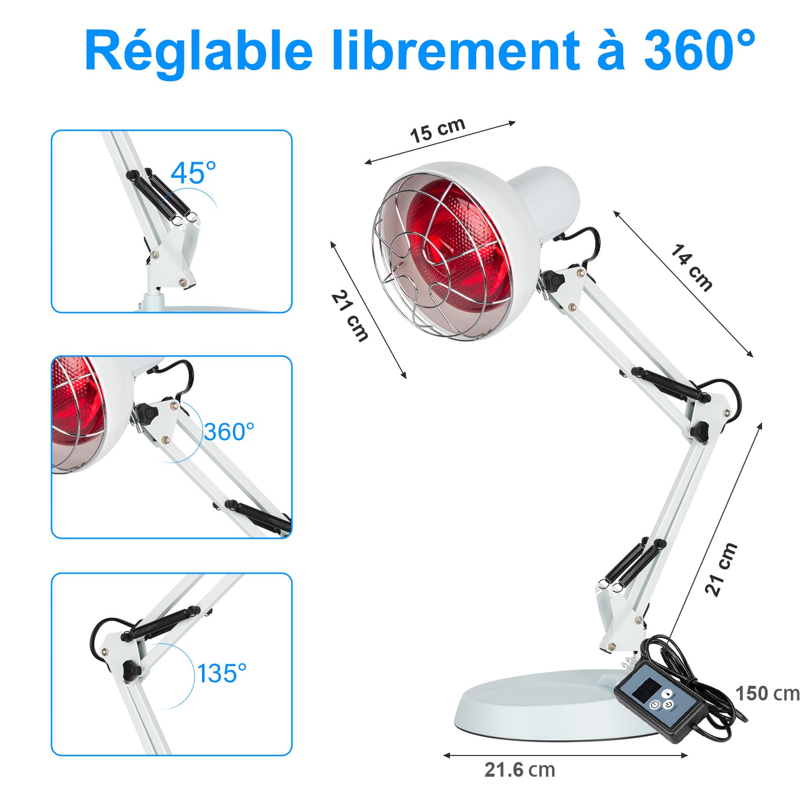 Lampe À Lumière Rouge De 100 W, Lampe Chauffante Portable, 10 Réglages De Température Et Minuterie De 5 À 60 Minutes, Lampe Chauffante À Lumière Rouge À Usage Domestique Avec Minuterie Et Socle