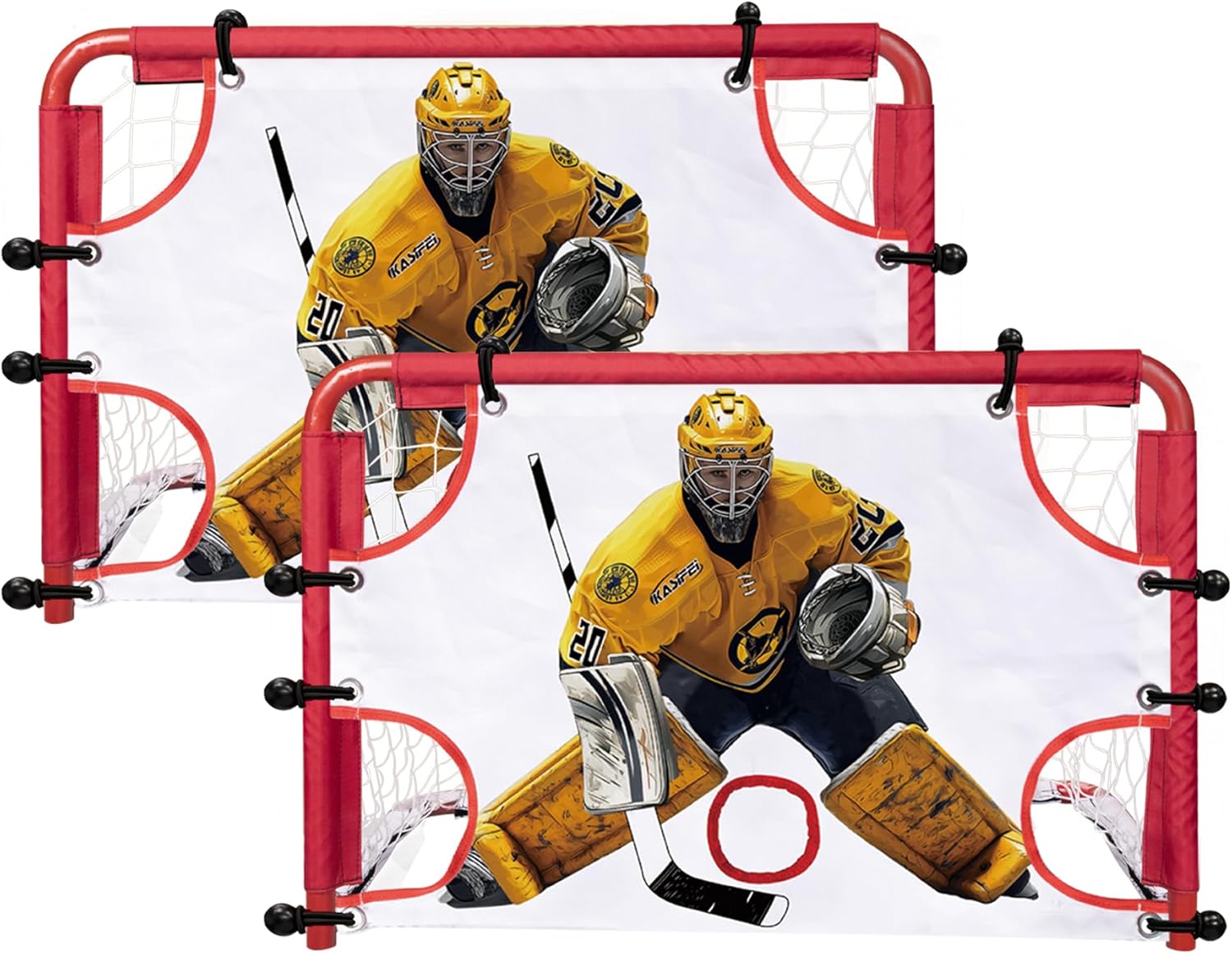 kasifei Mini Steel Hockey Net Set, 2-Pack 30x20 Heavy Duty Knee Hockey Goals with Shooter Tutor for Kids Training