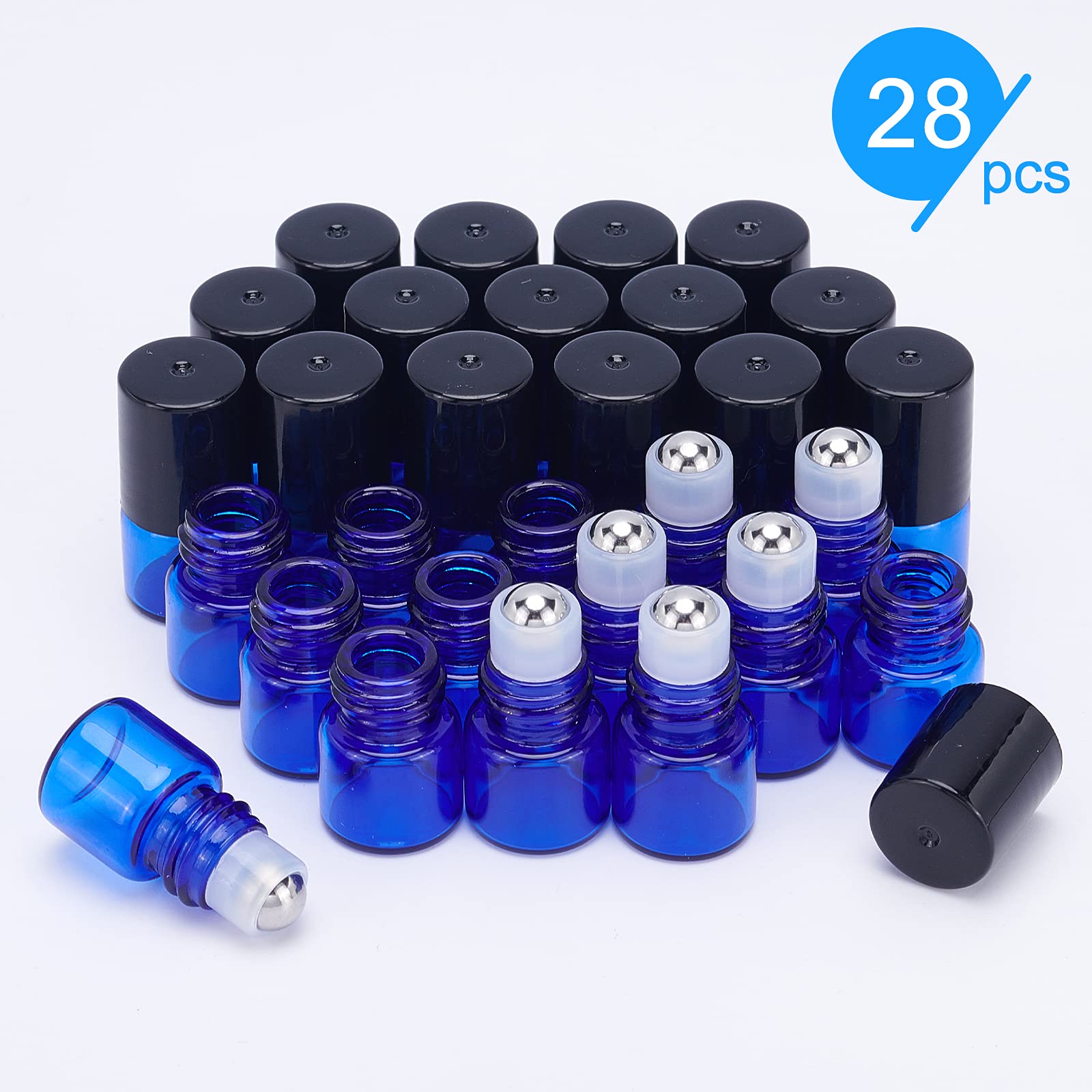 BENECREAT 30 Pack 1ml Bleu Bouteilles à rouler en verre Flacon roll-on d'huiles essentielles avec des billes à rouleaux en acier inoxydable